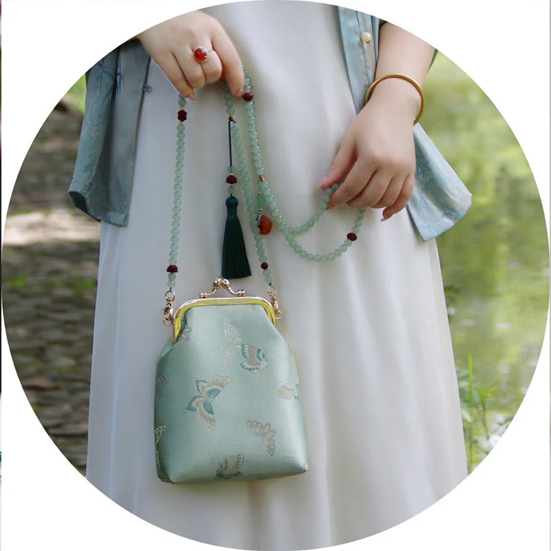 Retro Chinese Embroidery Pearl Chain Shoulder Bag 14x6x18cm - Image 6