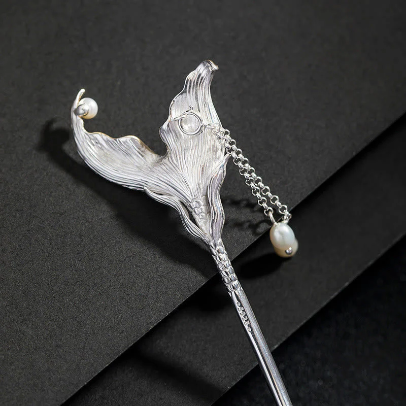 925 Sterling Silver Chinese Fish Tail Pearl Tassel Hairpin - Image 2