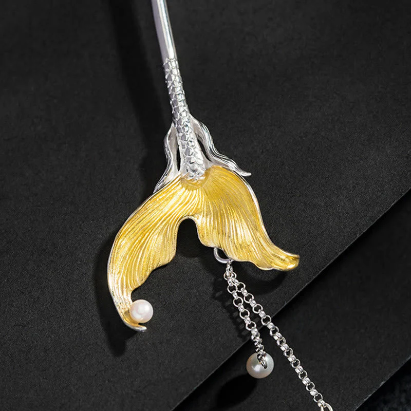 925 Sterling Silver Chinese Fish Tail Pearl Tassel Hairpin - Image 7