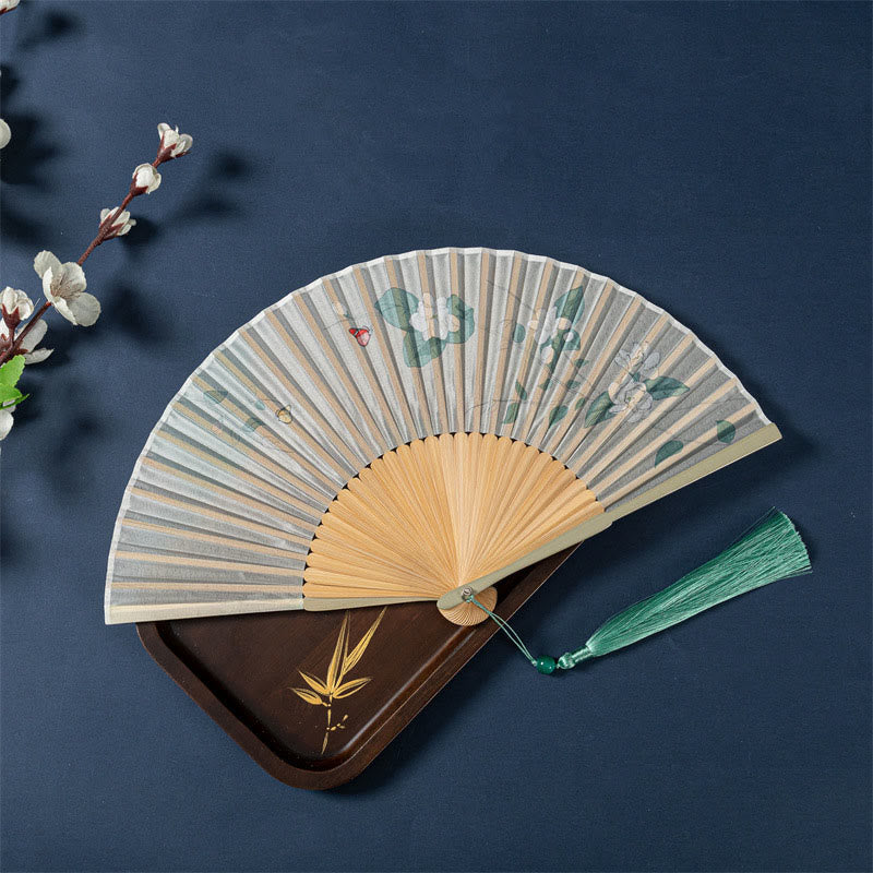 21cm Chinese Folding Fan with Lotus Begonia Jasmine Motifs in Bamboo Frame - Image 12