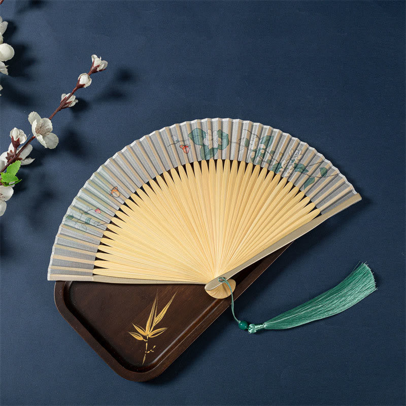 21cm Chinese Folding Fan with Lotus Begonia Jasmine Motifs in Bamboo Frame - Image 15