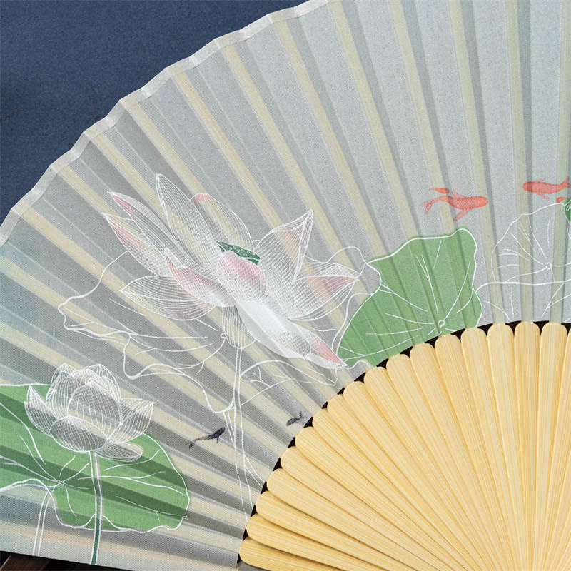21cm Chinese Folding Fan with Lotus Begonia Jasmine Motifs in Bamboo Frame - Image 3