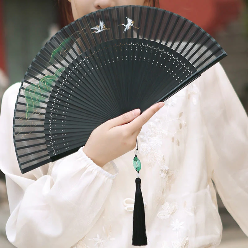 Chinese Folding Fan Silk Bamboo 22.5cm Retro Crane - Image 12