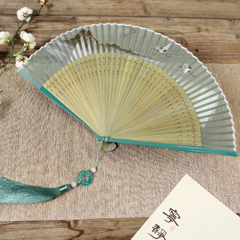 Chinese Folding Fan Silk Bamboo 22.5cm Retro Crane - Image 3