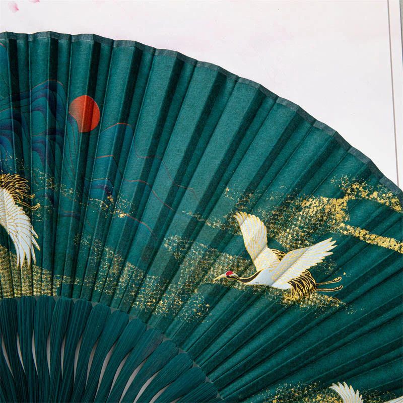 22cm Chinese Folding Silk Bamboo Fan with White Crane Design - Image 6