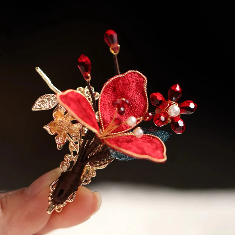 Chinese Hairpin Red Flower Butterfly Tassel Comb - Image 6