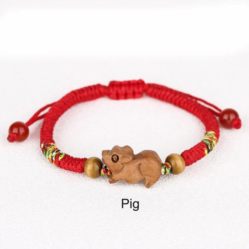 Chinese Zodiac Luck Bracelet with Red String and Peach Wood - Image 26