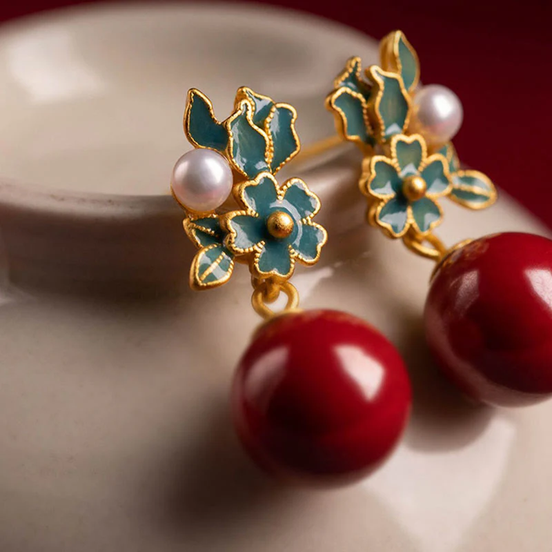 925 Sterling Silver Gold Cinnabar Pearl Blessing Necklace Set - Image 12