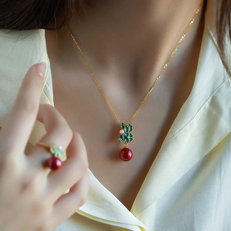 925 Sterling Silver Gold Cinnabar Pearl Blessing Necklace Set - Image 2