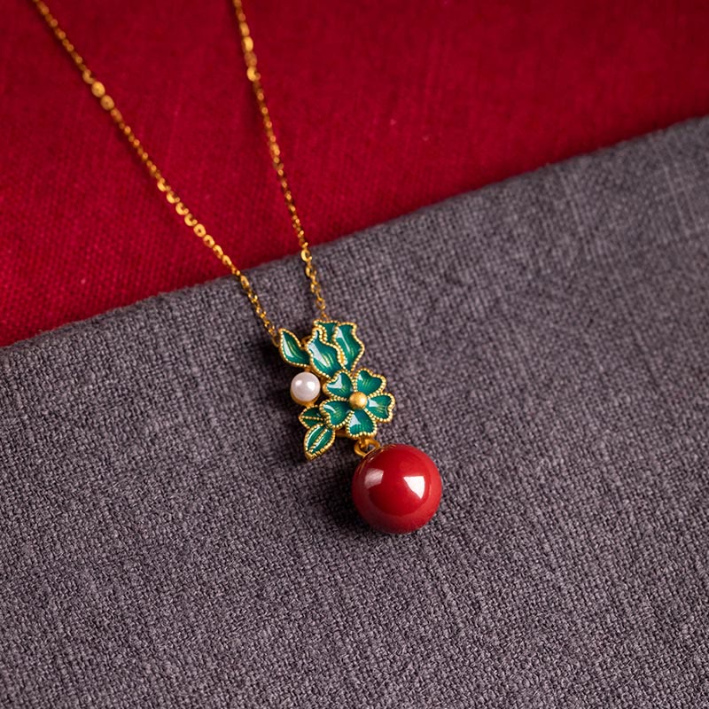 925 Sterling Silver Gold Cinnabar Pearl Blessing Necklace Set - Image 3