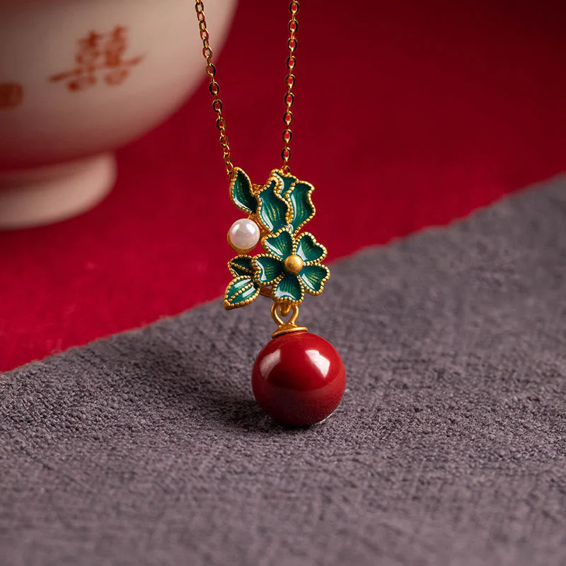 925 Sterling Silver Gold Cinnabar Pearl Blessing Necklace Set - Image 4