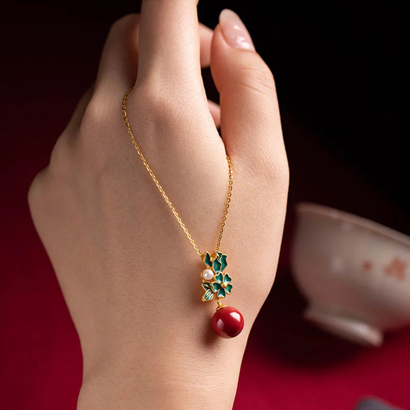 925 Sterling Silver Gold Cinnabar Pearl Blessing Necklace Set - Image 5