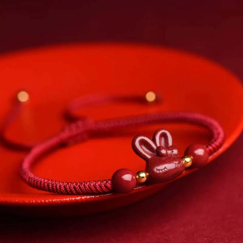 Cinnabar Chinese Zodiac Rabbit Luck Bracelet 14-17cm - Image 2