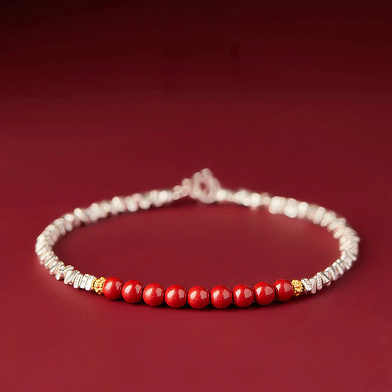 925 Sterling Silver Cinnabar Bracelet with Fu Character Blessing
