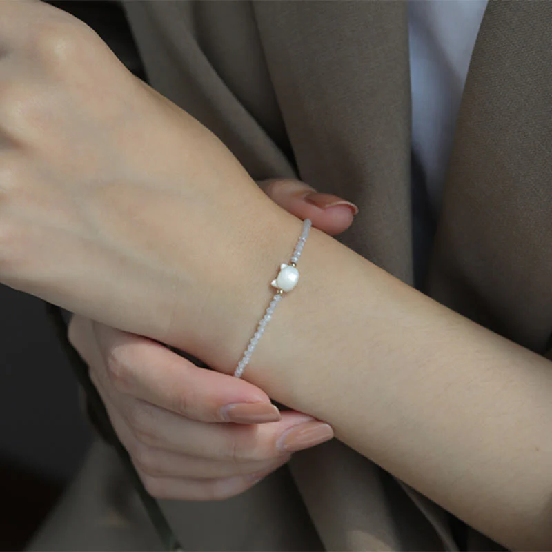 Clear Quartz Bracelet with White Crystal & 14K Gold Plated Healing Cat Charm - Image 14