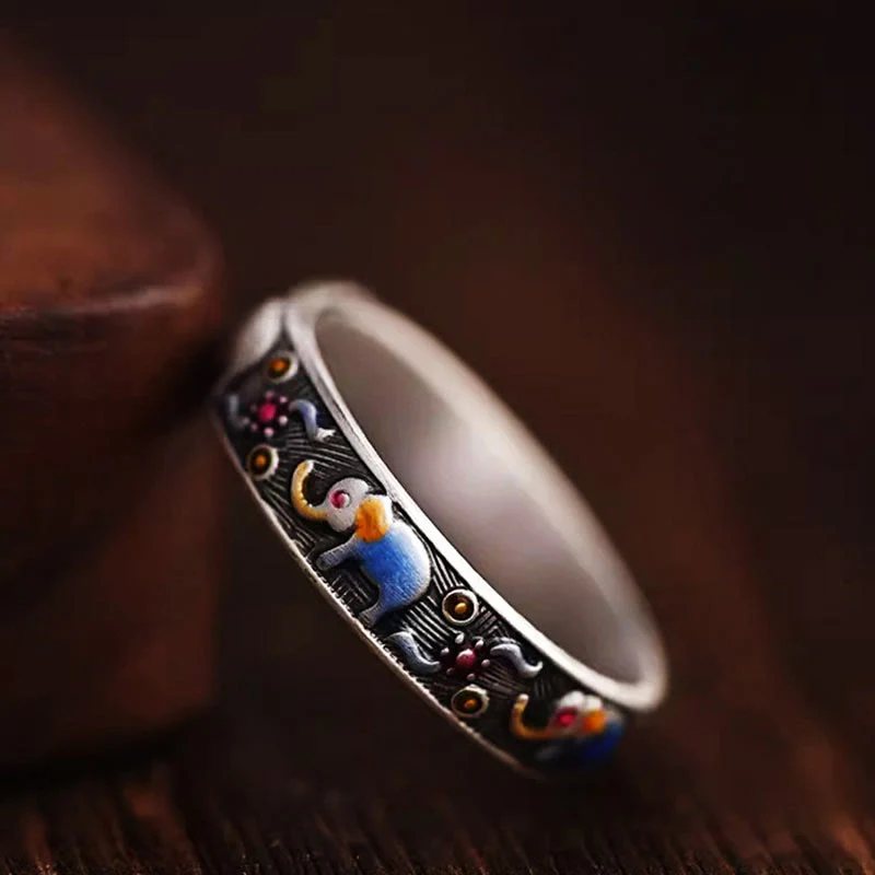 Colorful Elephant Strength Adjustable Ring in Copper Silver