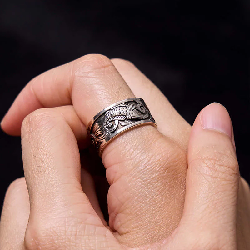 Adjustable Copper Koi Fish Ring with Heart Sutra for Luck & Wealth - Image 5