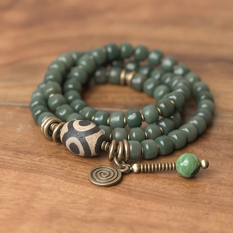 Unisex Cyan Bodhi Seed Dzi Bead Triple Wrap Bracelet - Image 3