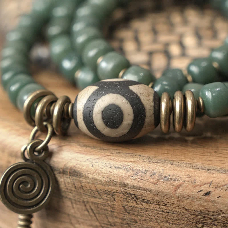 Unisex Cyan Bodhi Seed Dzi Bead Triple Wrap Bracelet - Image 4