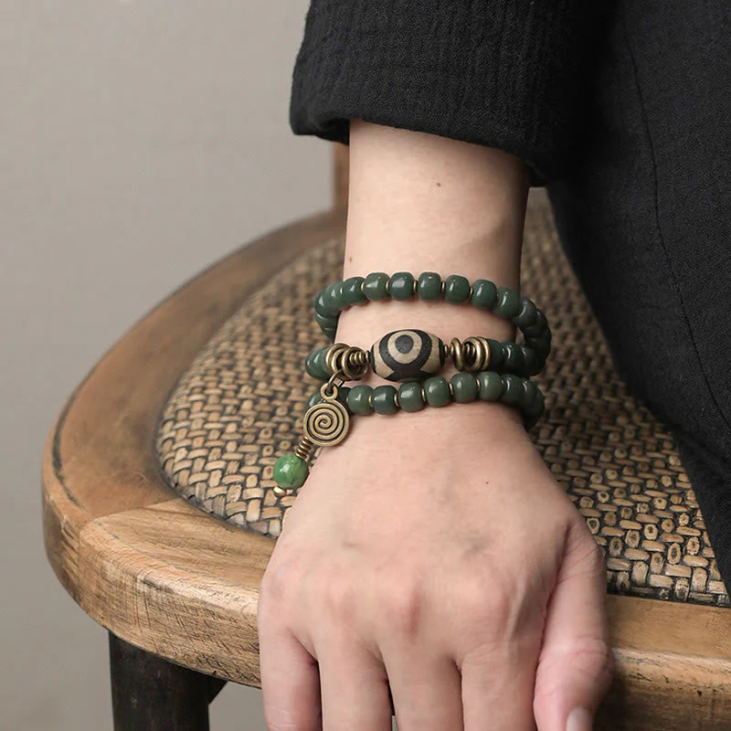 Unisex Cyan Bodhi Seed Dzi Bead Triple Wrap Bracelet - Image 7