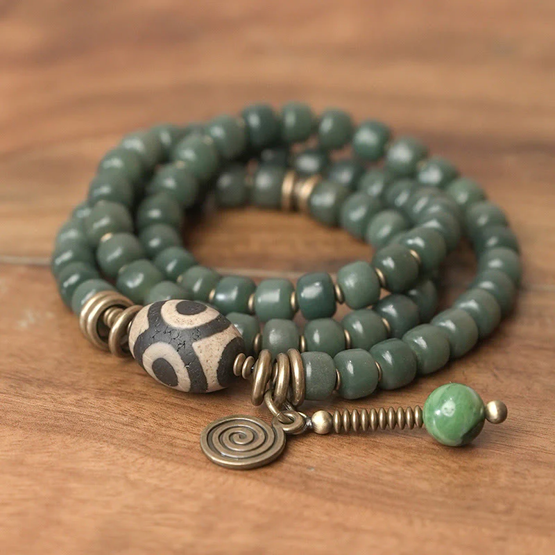 Unisex Cyan Bodhi Seed Dzi Bead Triple Wrap Bracelet - Image 8