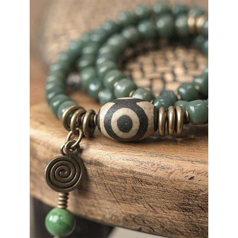 Unisex Cyan Bodhi Seed Dzi Bead Triple Wrap Bracelet - Image 9