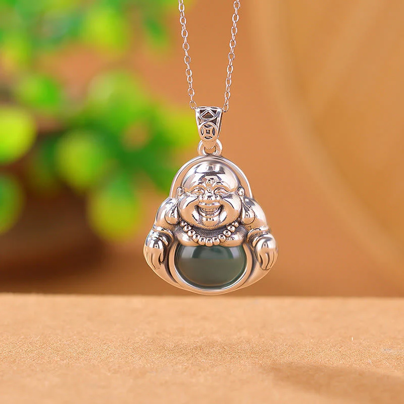 Cyan Jade Buddha Necklace for Success & Healing | 999 Silver - Image 2