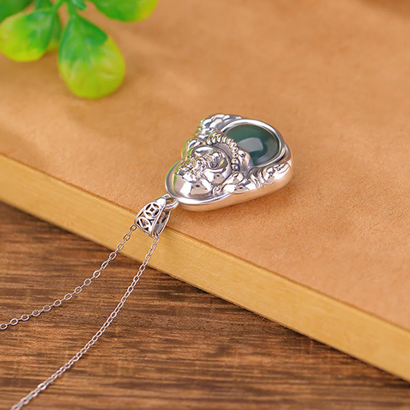 Cyan Jade Buddha Necklace for Success & Healing | 999 Silver - Image 3