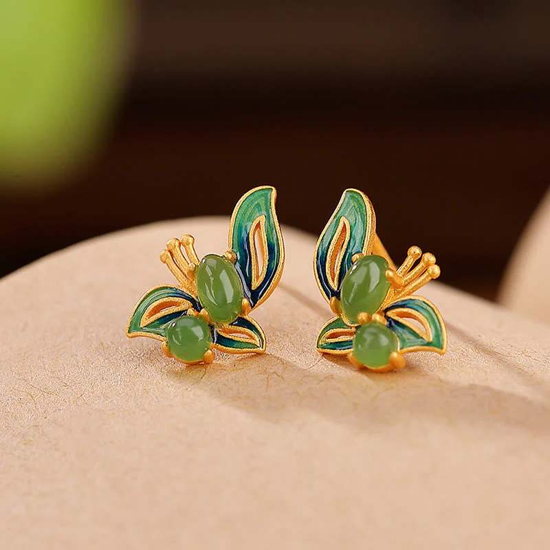 925 Sterling Silver Gold Plated Cyan Jade Butterfly Earrings - Image 2