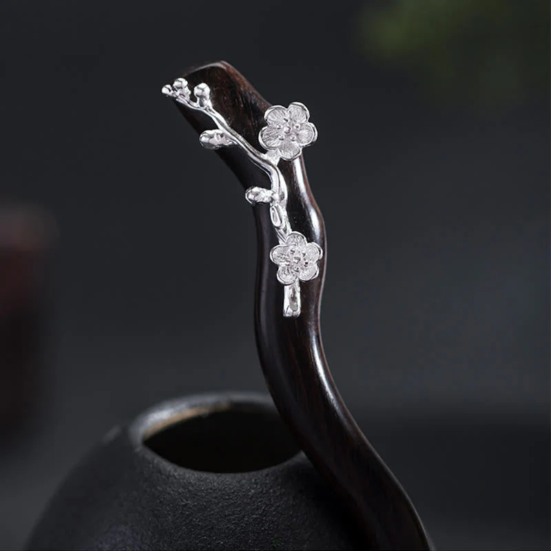 Ebony Plum Blossom Chinese Hairpin 925 Sterling Silver Classic - Image 2