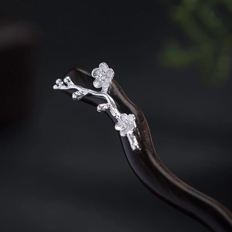 Ebony Plum Blossom Chinese Hairpin 925 Sterling Silver Classic - Image 4