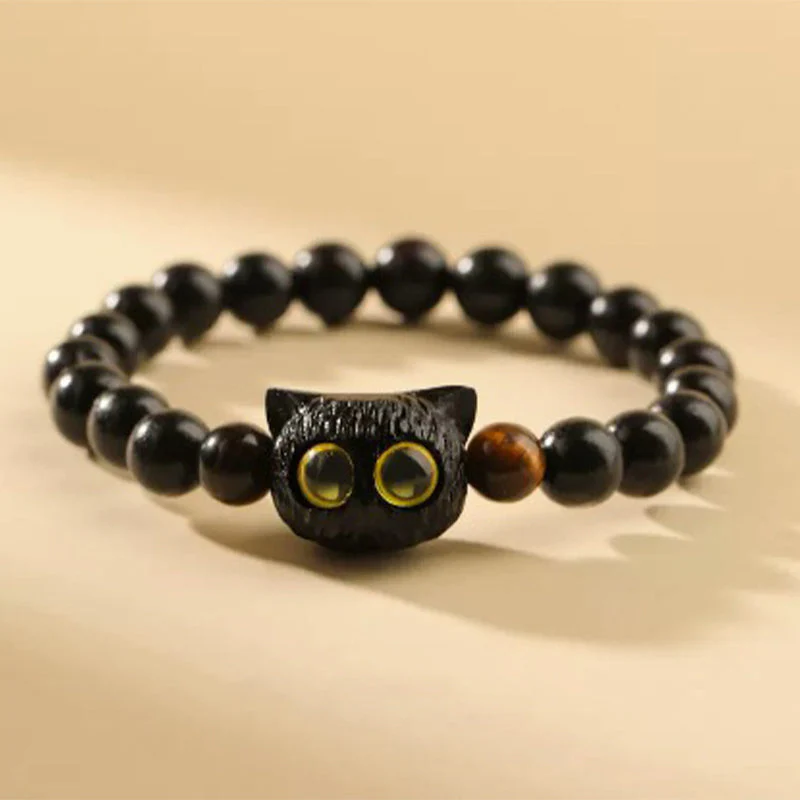 Ebony Wood Cat Head 8mm Bracelet for Peace & Balance - Image 2