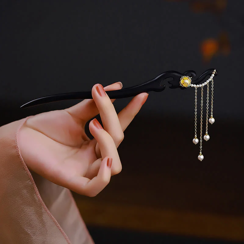 Ebony Wood Chinese Hairpin with Yellow Pearl Tassels
