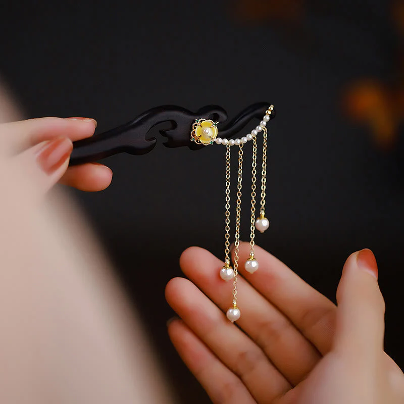 Ebony Wood Chinese Hairpin with Yellow Pearl Tassels - Image 3