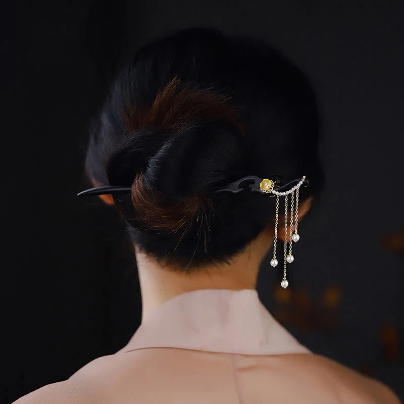 Ebony Wood Chinese Hairpin with Yellow Pearl Tassels - Image 4