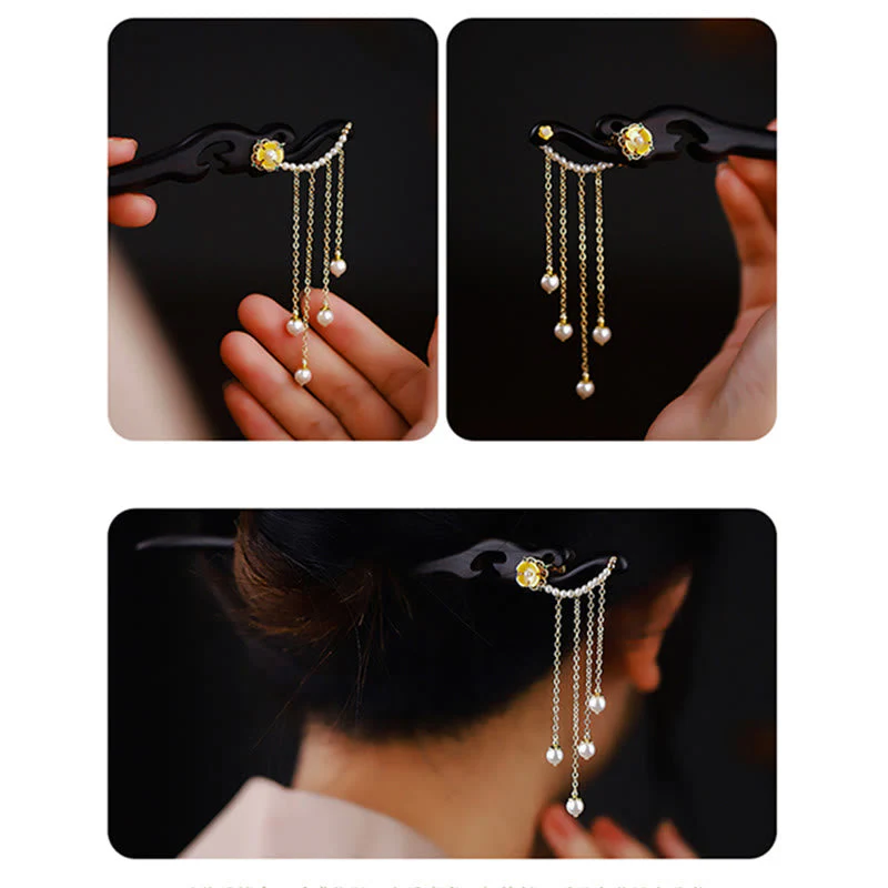 Ebony Wood Chinese Hairpin with Yellow Pearl Tassels - Image 5