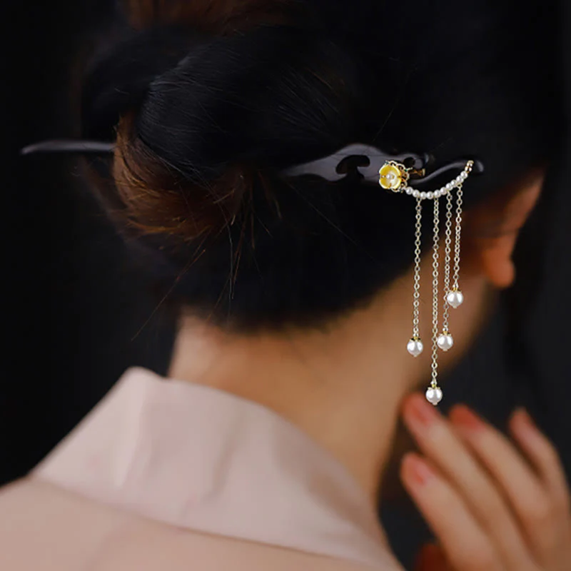Ebony Wood Chinese Hairpin with Yellow Pearl Tassels - Image 6
