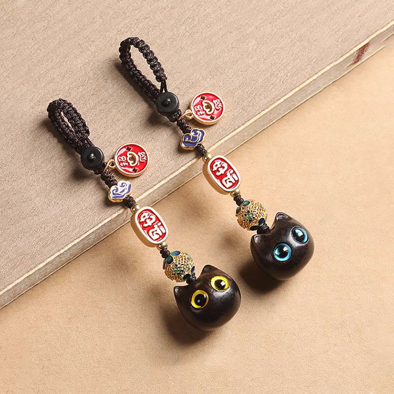 Ebony Wood Lucky Cat Key Chain with Auspicious Cloud Charm - Image 11