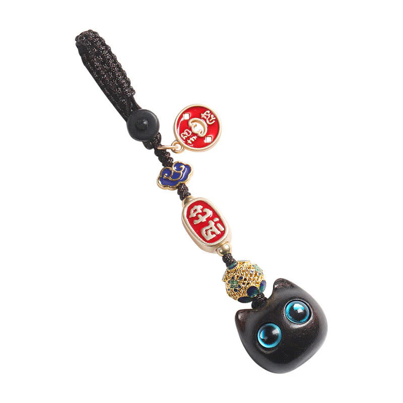 Ebony Wood Lucky Cat Key Chain with Auspicious Cloud Charm - Image 12