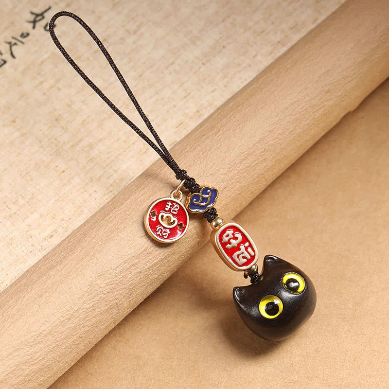 Ebony Wood Lucky Cat Key Chain with Auspicious Cloud Charm - Image 3