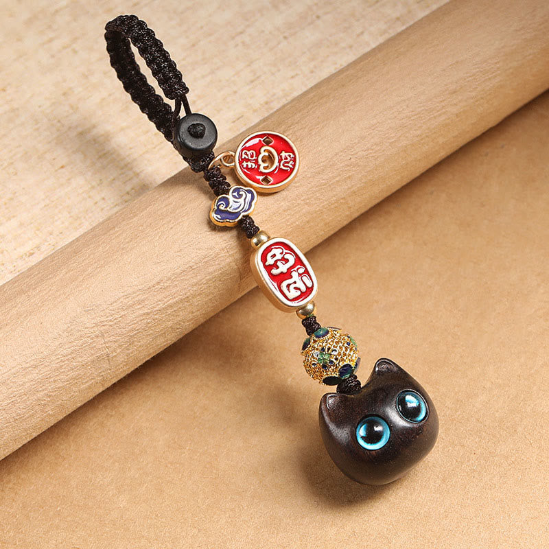Ebony Wood Lucky Cat Key Chain with Auspicious Cloud Charm - Image 4