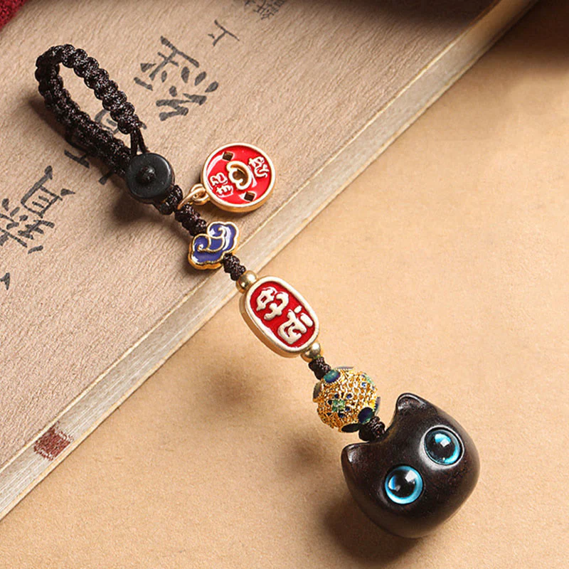 Ebony Wood Lucky Cat Key Chain with Auspicious Cloud Charm - Image 5
