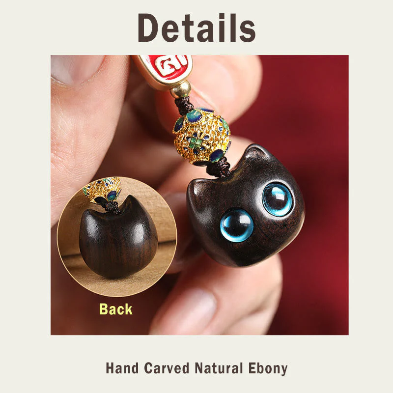 Ebony Wood Lucky Cat Key Chain with Auspicious Cloud Charm - Image 6