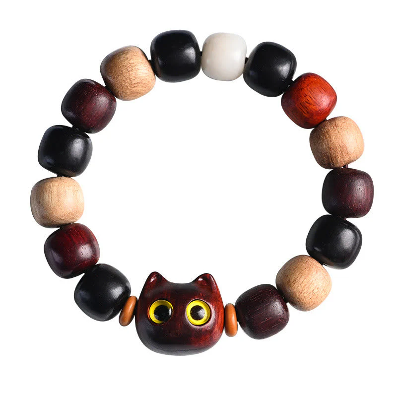 Ebony Wood Protection Bracelet with Small Leaf Red Sandalwood Cat Charm - Image 14