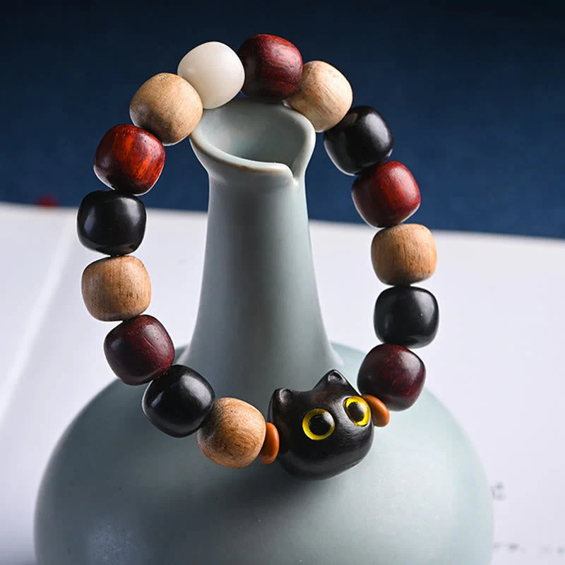 Ebony Wood Protection Bracelet with Small Leaf Red Sandalwood Cat Charm - Image 3