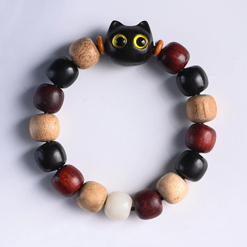 Ebony Wood Protection Bracelet with Small Leaf Red Sandalwood Cat Charm - Image 4