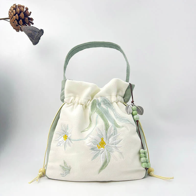 Embroidered Butterfly Lotus Cotton Linen Tote Bag 20cm - Image 14
