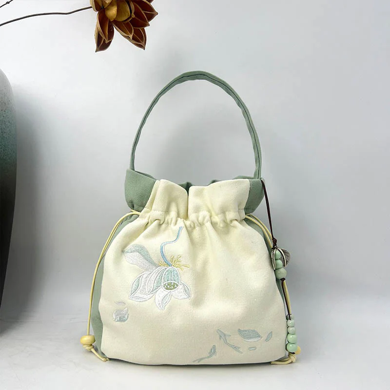 Embroidered Butterfly Lotus Cotton Linen Tote Bag 20cm - Image 20