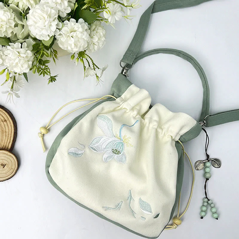 Embroidered Butterfly Lotus Cotton Linen Tote Bag 20cm - Image 21