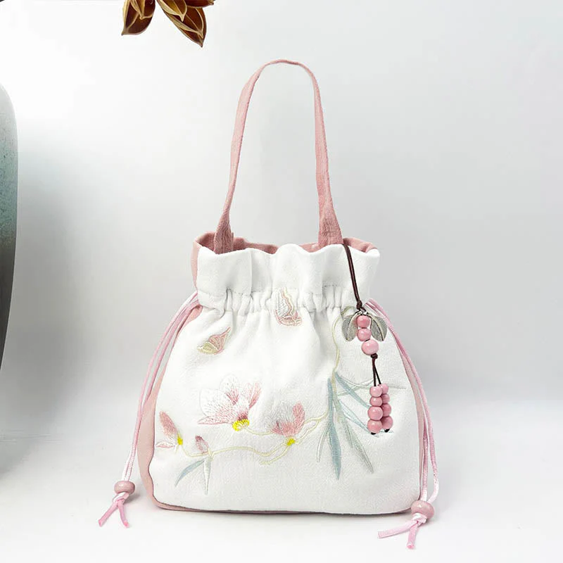 Embroidered Butterfly Lotus Cotton Linen Tote Bag 20cm - Image 24